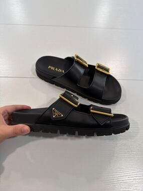 Prada Leather Sandals Black with Gold Buckles Size 39